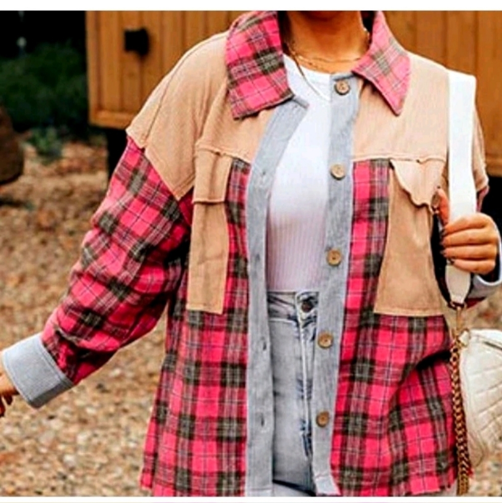 NEW Oddy Pink Blue Tan Plaid Button-Up Distressed Shirt Womens 1XL/2XL